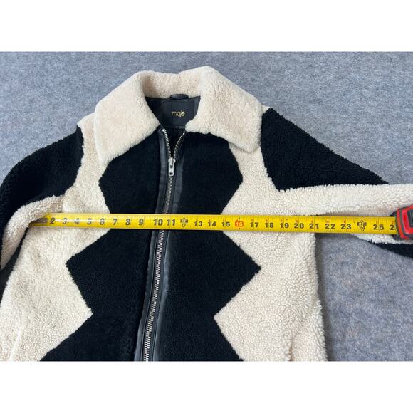 Maje Gillian Two-Tone Black & White Shearling Long Coat Jacket Size Medium - Picture 11 of 12